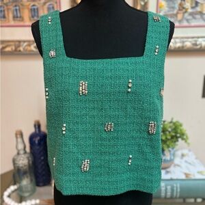 ENTRO GREEN TWEED CROP TOP SQUARE NECK RHINESTONE & PEARL HOLIDAY CHRISTMAS SZ M